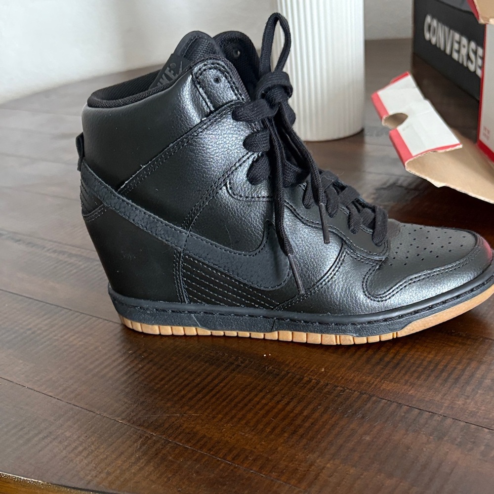 Nike Women’s Black Leather Hidden Wedge High-Top Sneakers with Gum Sole
